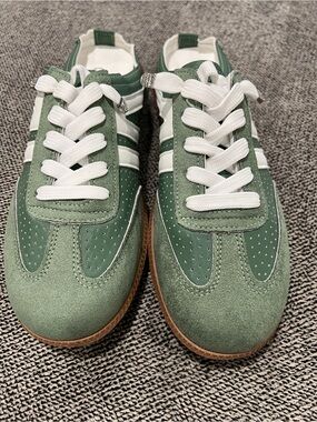 ON SALE!!! Women’s Green Suede & Leather Retro Slip-On Sneakers with White Strip
